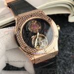 Perfect Replica Hublot Rose Gold Bezel Black Tourbillon Dial 45mm Watch 